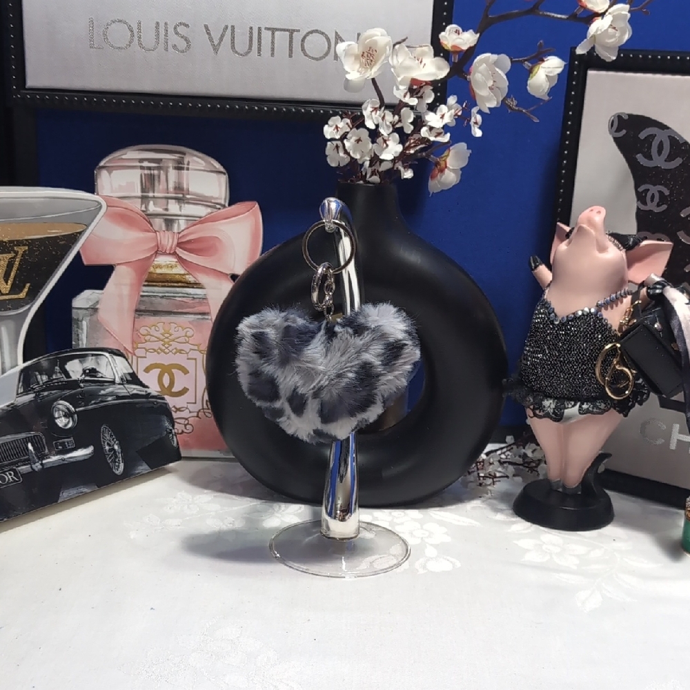 Faux Fur Fuzzy Heart Keychain/ Bag Charm -  Gray And Black
